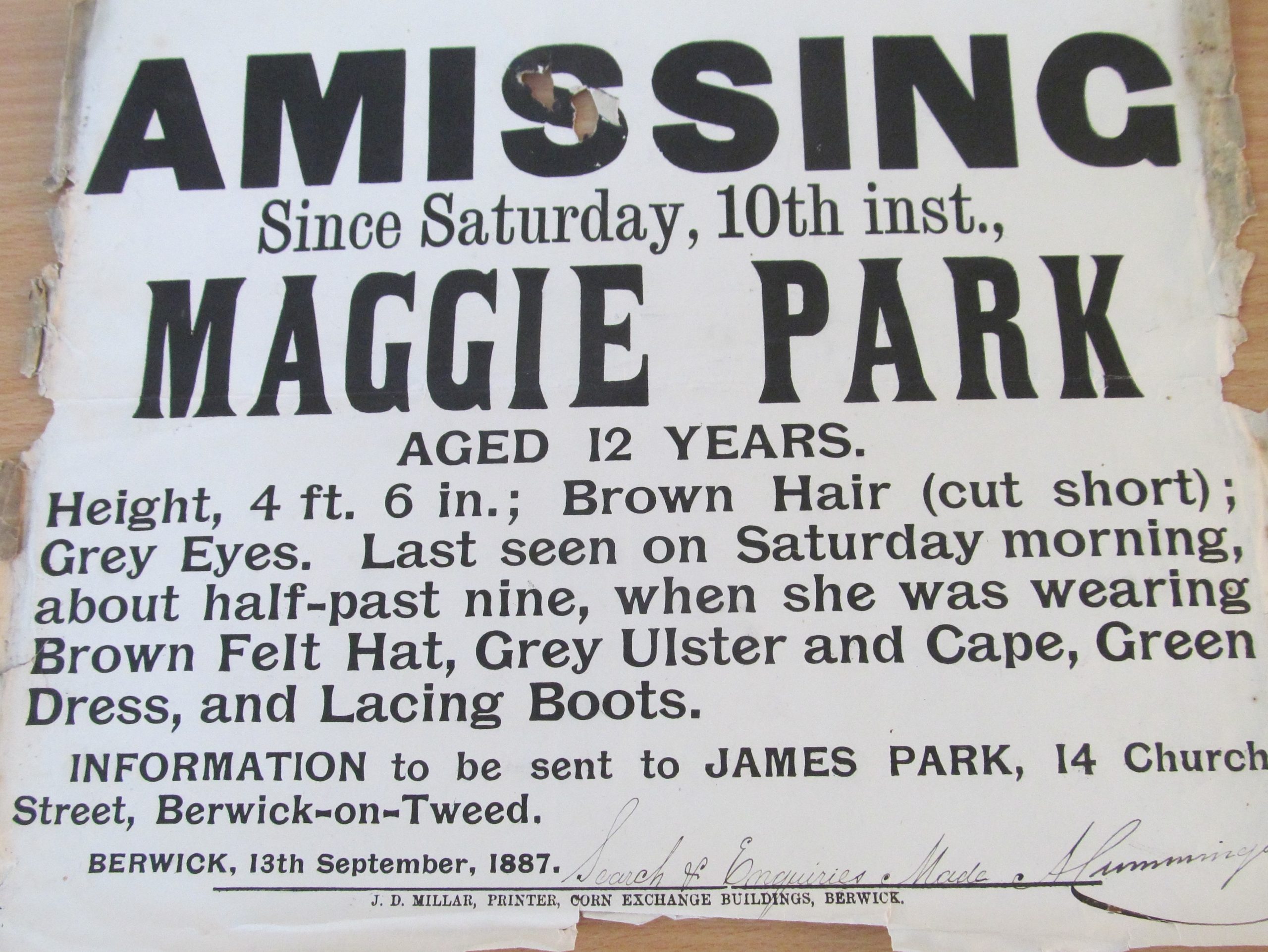 Poster about Maggie Park - missing 12 year old girl 1887