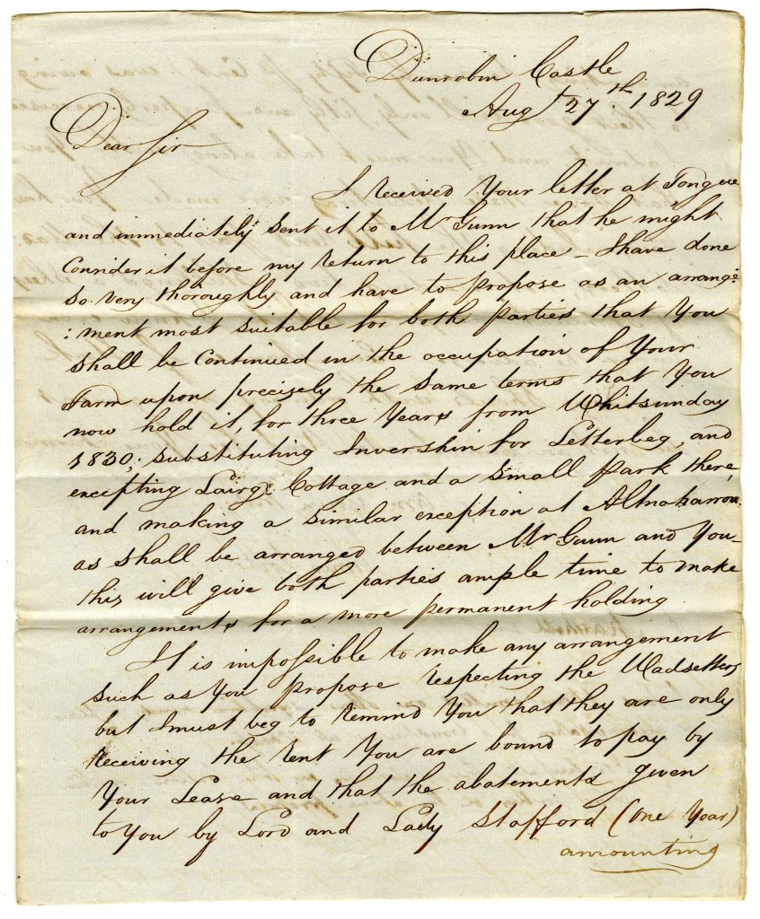 Letter from James Loch, Dunrobin Castle, Sutherland, Scotland, to A[nthony] Marshall - 27 August, 1829